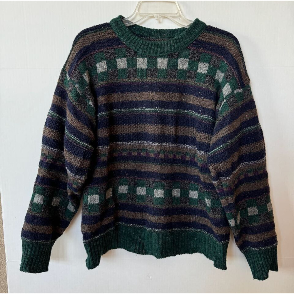 VTG Alps Sweater Men’s Sz M Blue Green Brown Made in USA Crew Neck Wool Blend?